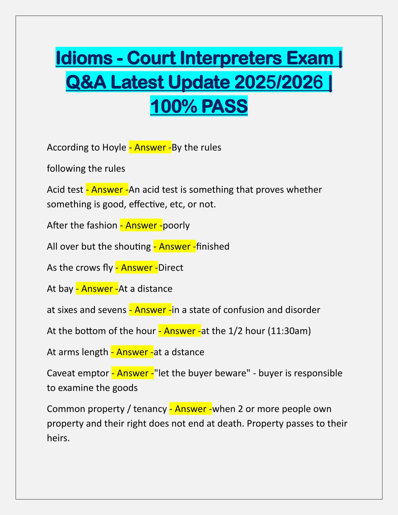 Idioms-Court Interpreters Exam Correctly Answered Latest Update