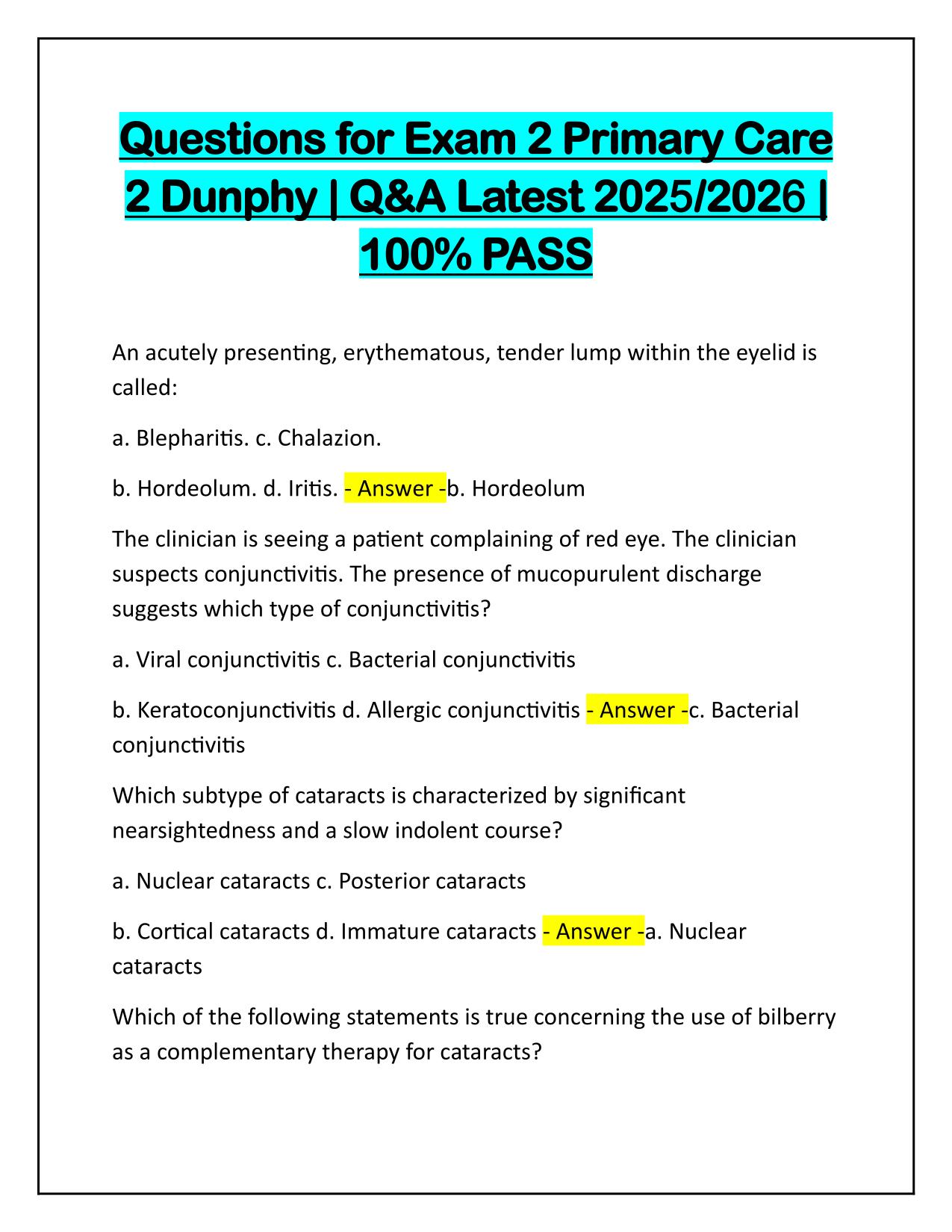 Questions for Exam 2 Primary Care 2 Dunphy Q&A Latest Update
