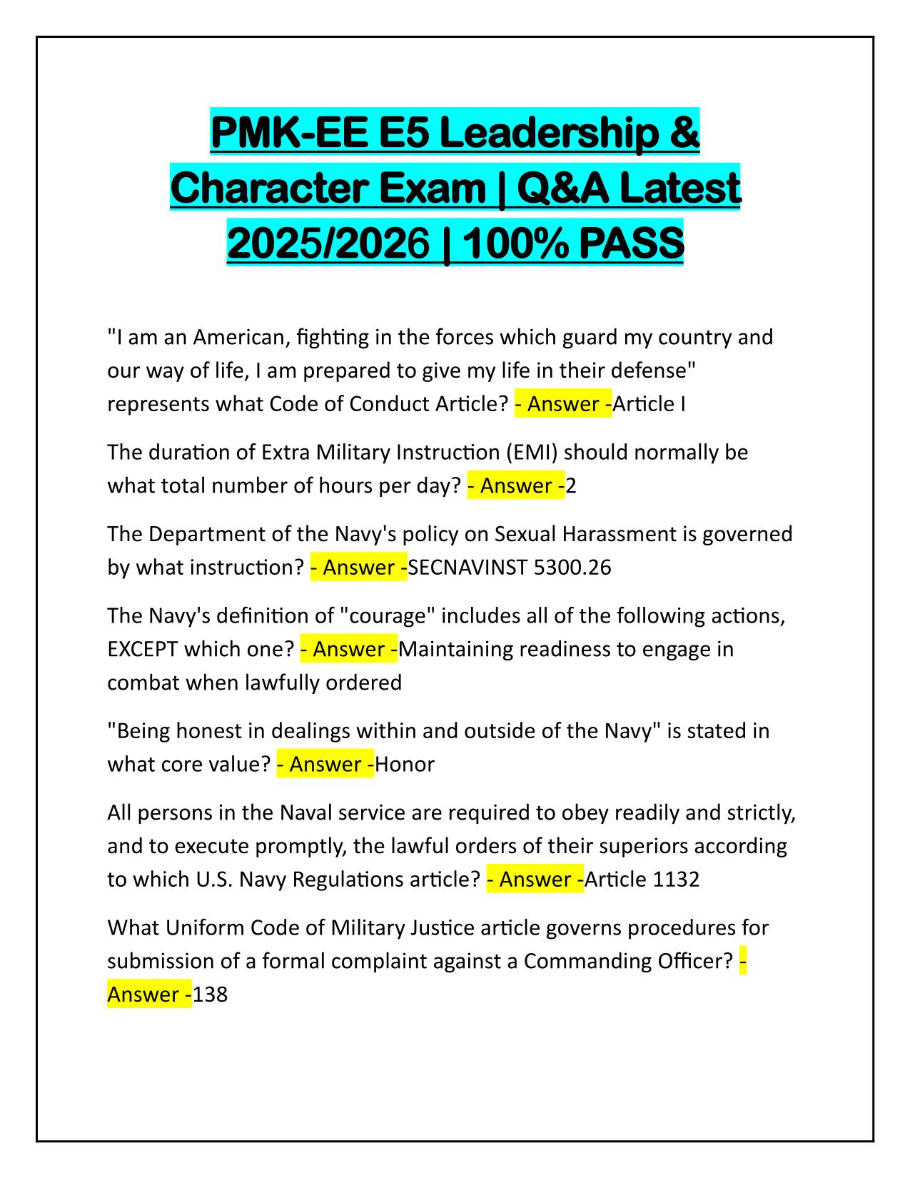 PMK-EE E5 Leadership & Character Exam Q&A Latest Update