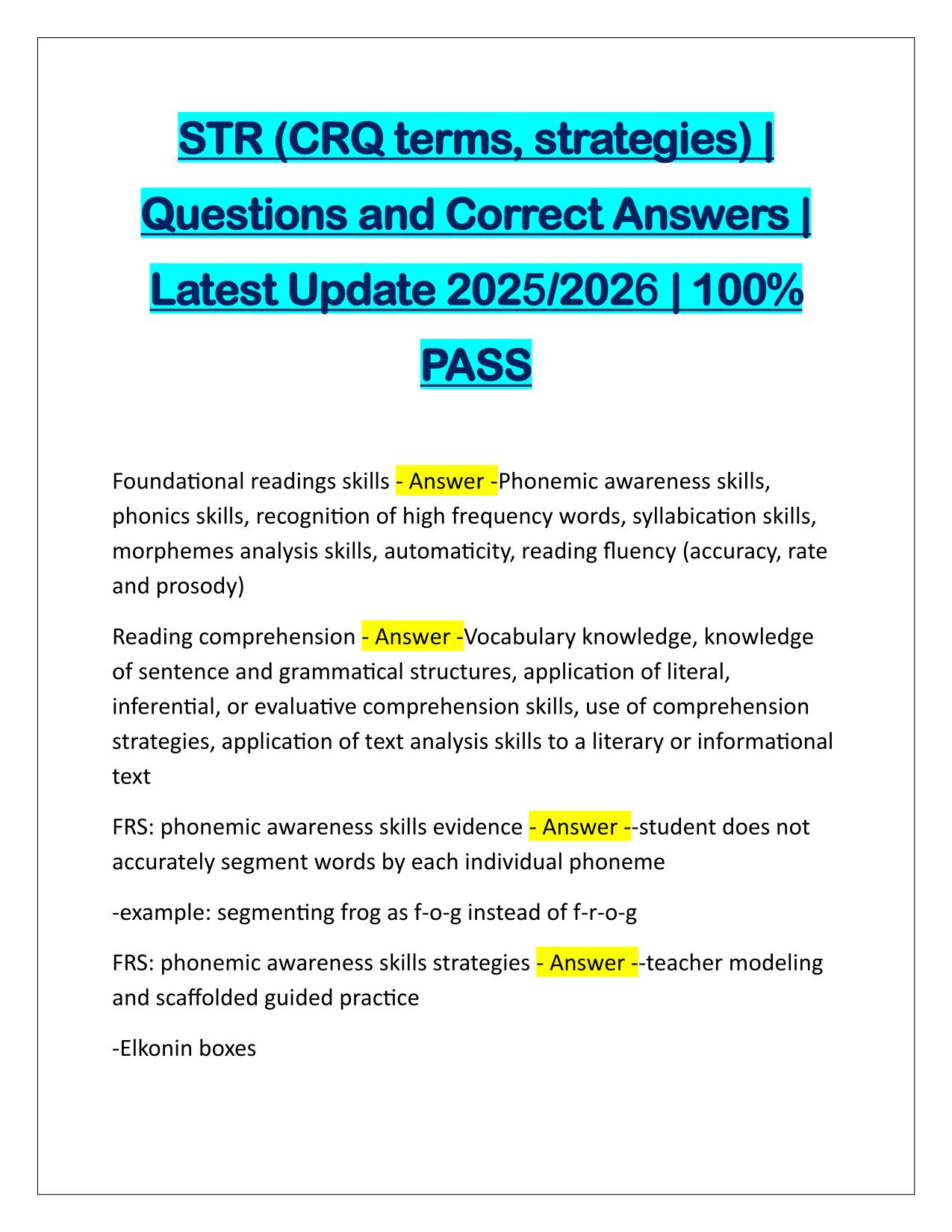 STR (CRQ terms, strategies) Correctly Answered Latest Update