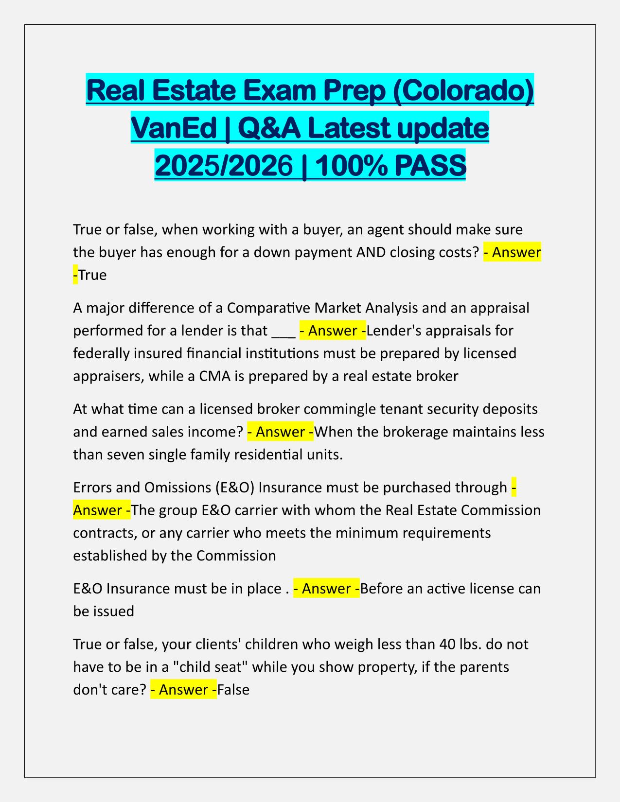 Real Estate Exam Prep (Colorado) VanEd Q&A Latest Update