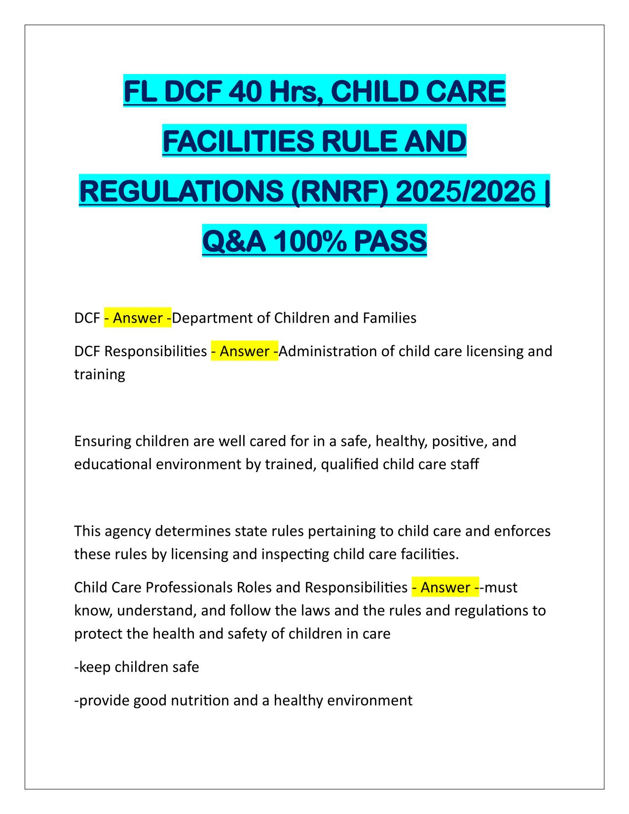 FL DCF 40 Hrs, CHILD CARE FACILITIES RULE AND REGULATIONS (RNRF) Q&A Latest