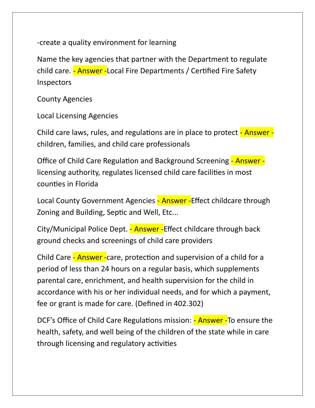 FL DCF 40 Hrs, CHILD CARE FACILITIES RULE AND REGULATIONS (RNRF) Q&A Latest