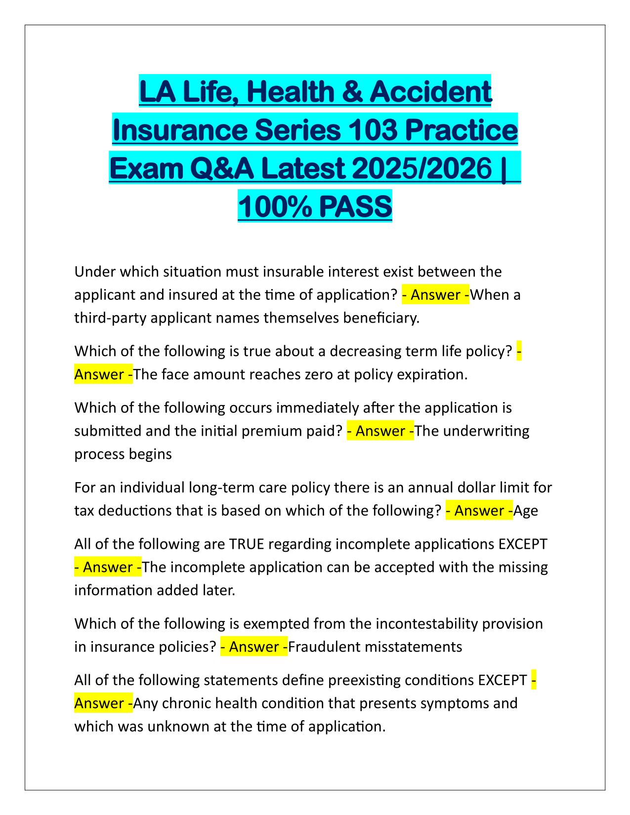 LA Life, Health and Accident Insurance Series 103 Practice Exam Q&A Latest Update