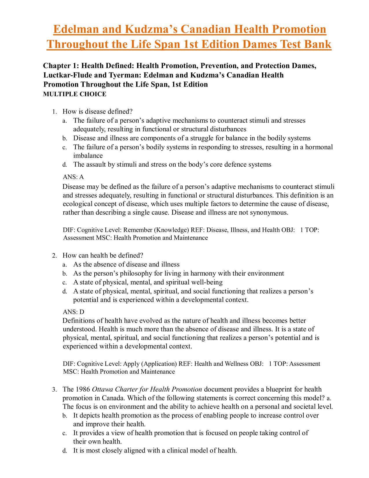 TEST BANK For Edelman and Kudzma's Canadian Health Promotion Throughout the Life Span, 1st Ed ISBN:9781771722261
