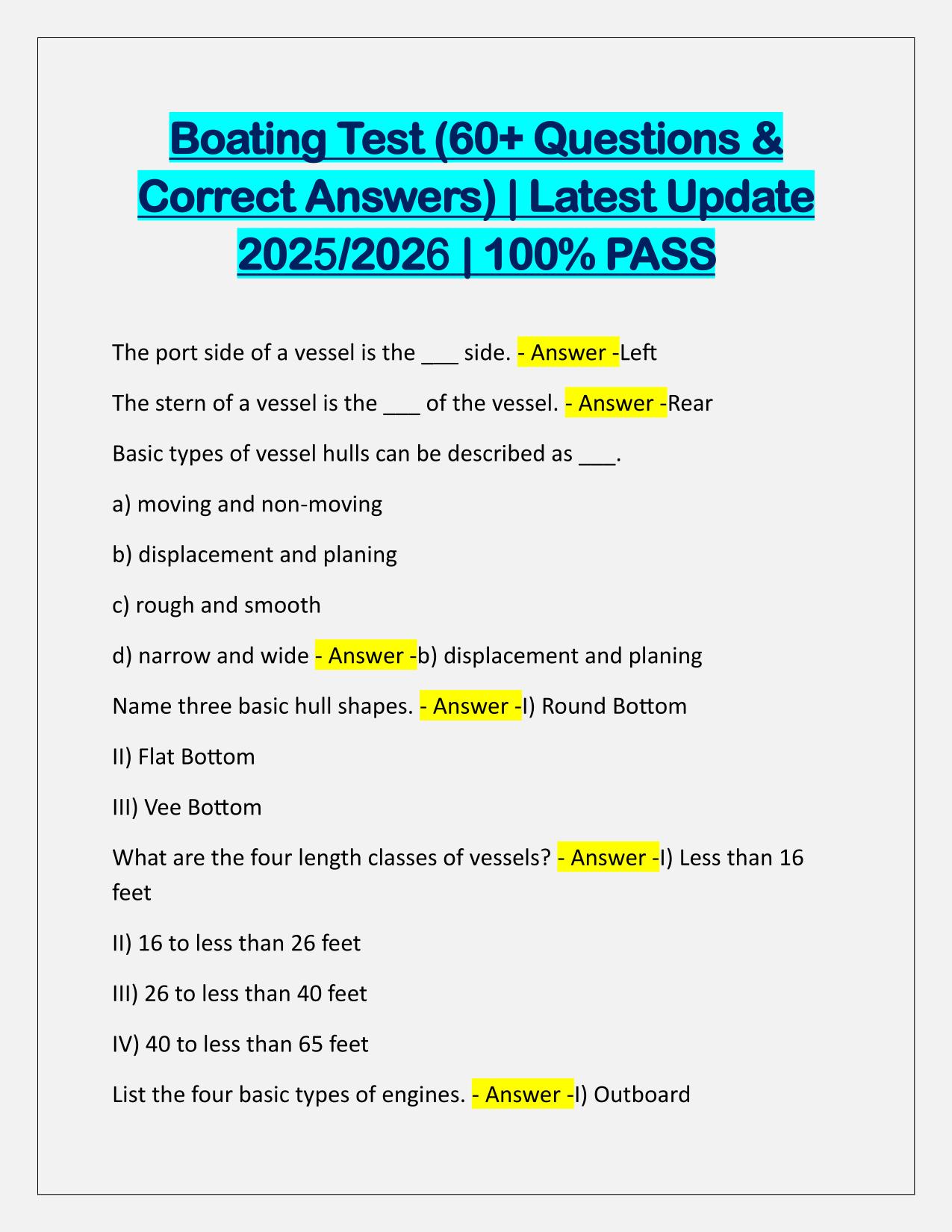 Boating Test (60+ Questions and Correct Answers) Latest Update