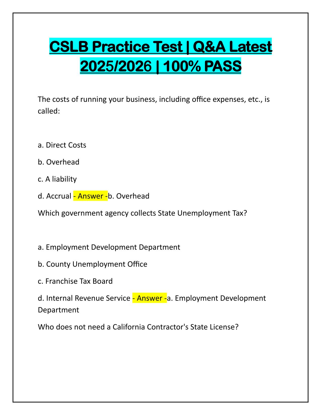 CSLB Practice Test | Q&A Latest | 100% PASS