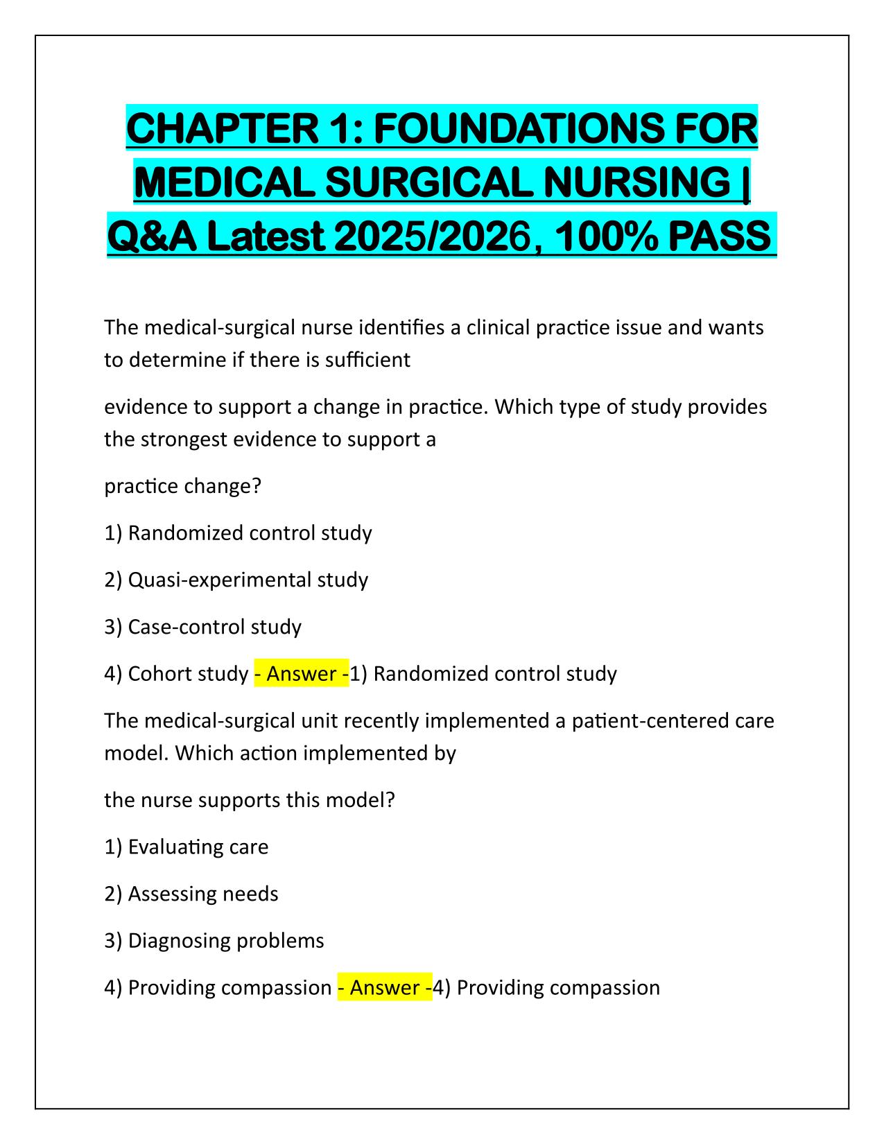 CHAPTER 1 FOUNDATIONS FOR MEDICAL SURGICAL NURSING Q&A Latest Update