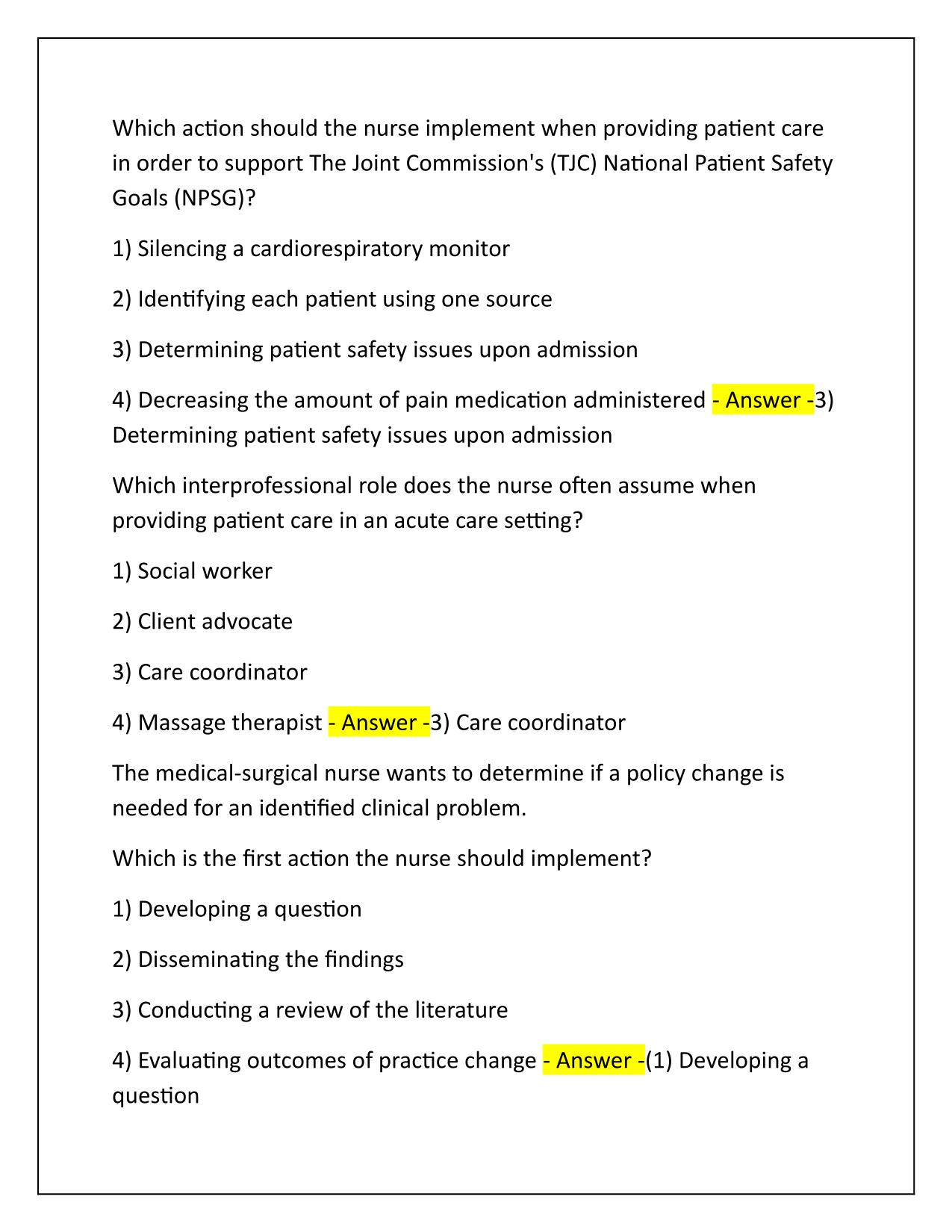 CHAPTER 1 FOUNDATIONS FOR MEDICAL SURGICAL NURSING Q&A Latest Update