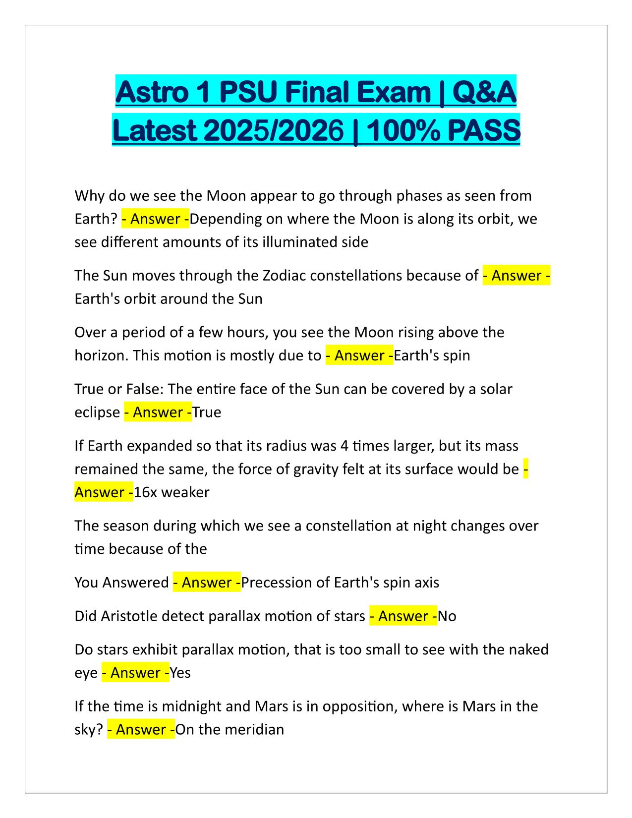 Astro 1 PSU Final Exam Q&A Latest Update