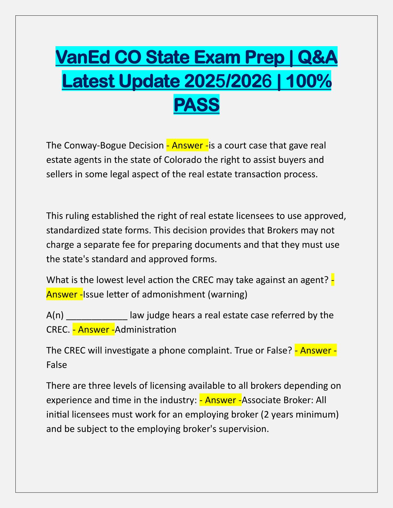 VanEd CO State Exam Prep Q&A Latest Update