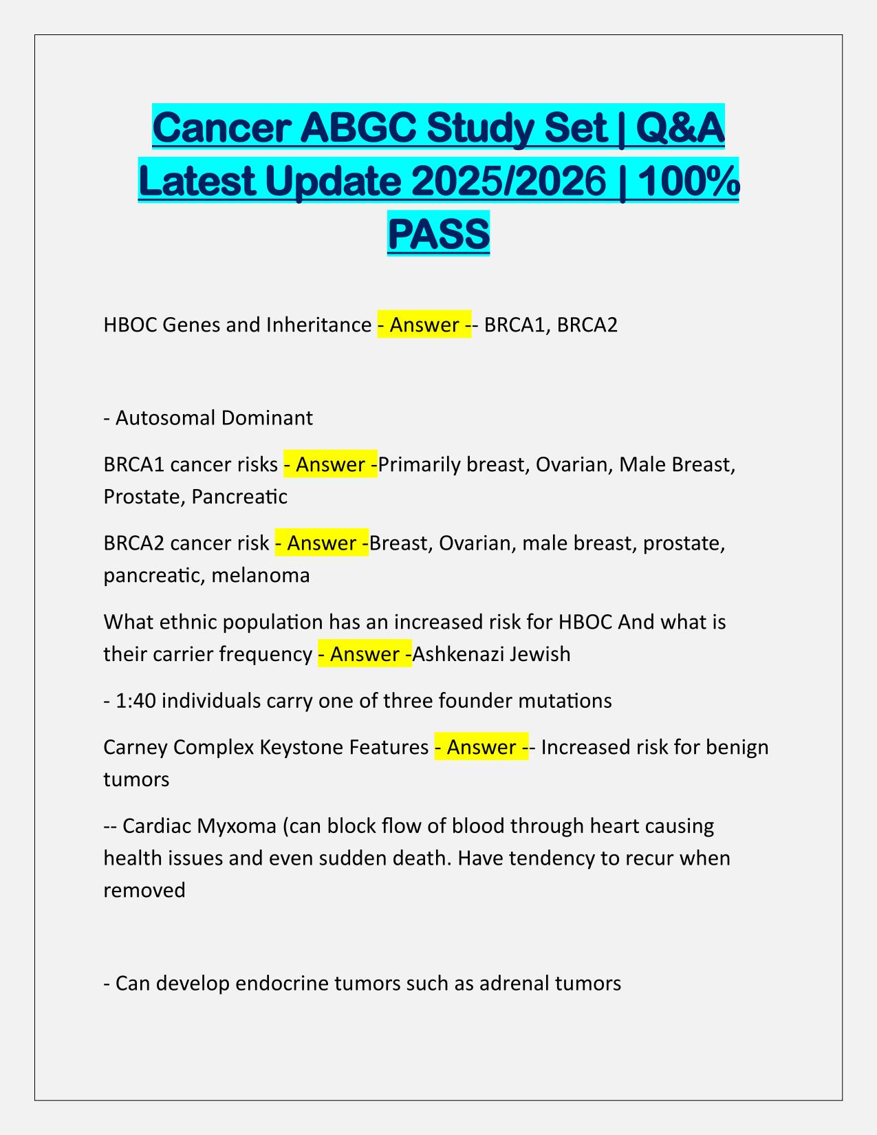 Cancer ABGC Study Set Correctly Answered Latest