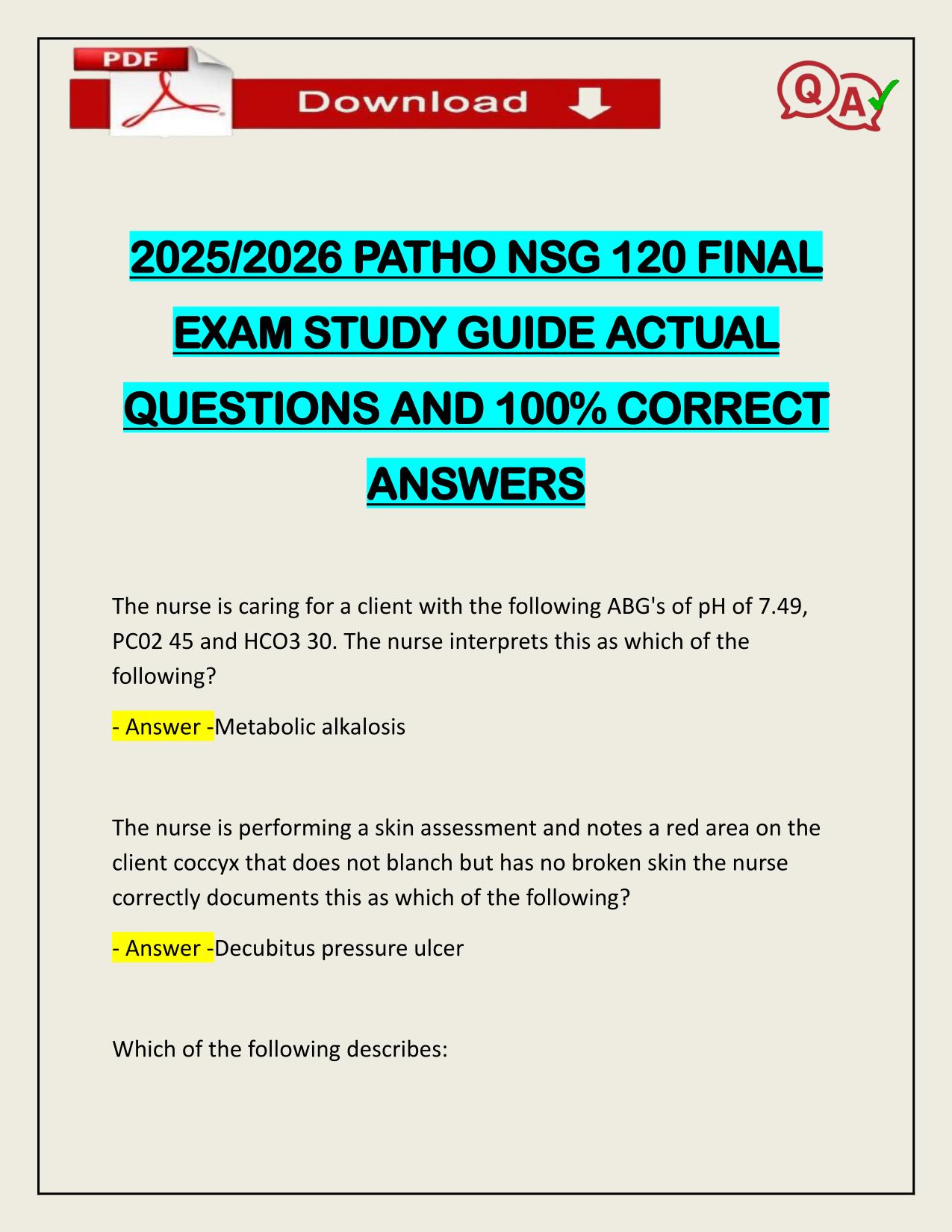 2025/2026 PATHO NSG 120 FINAL EXAM STUDY GUIDE