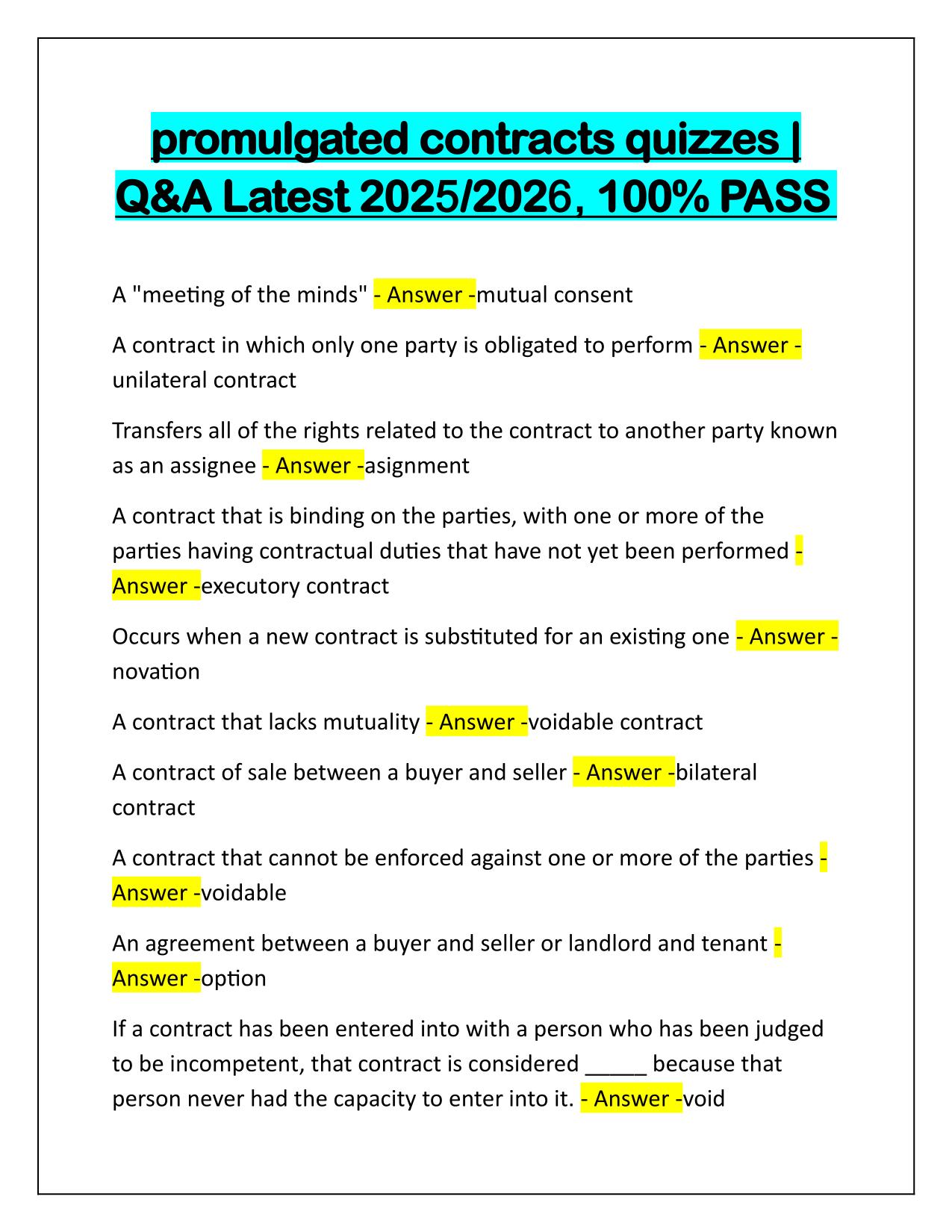 Promulgated Contracts quizzes Correctly Answered Latest