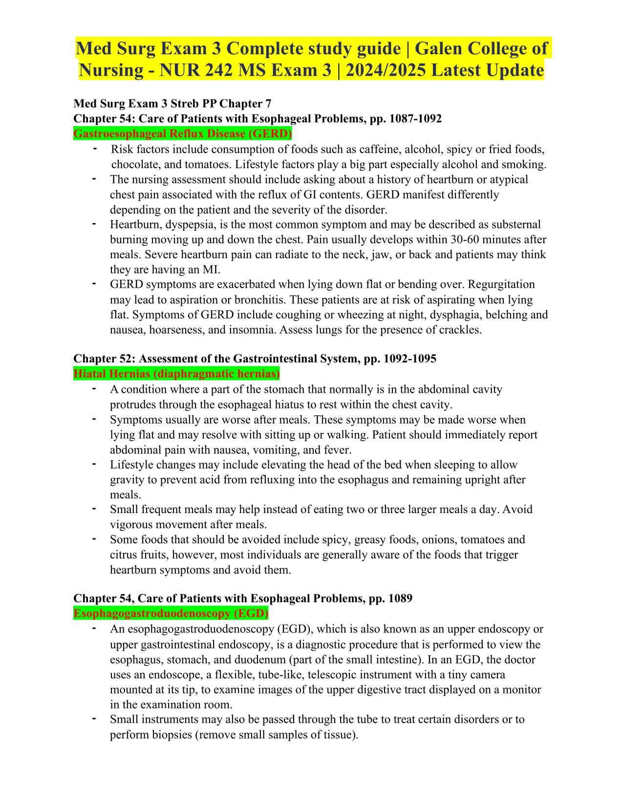 Med Surg Exam 3 Complete study guide | Galen College of Nursing - NUR 242 MS Exam 3 Latest Update