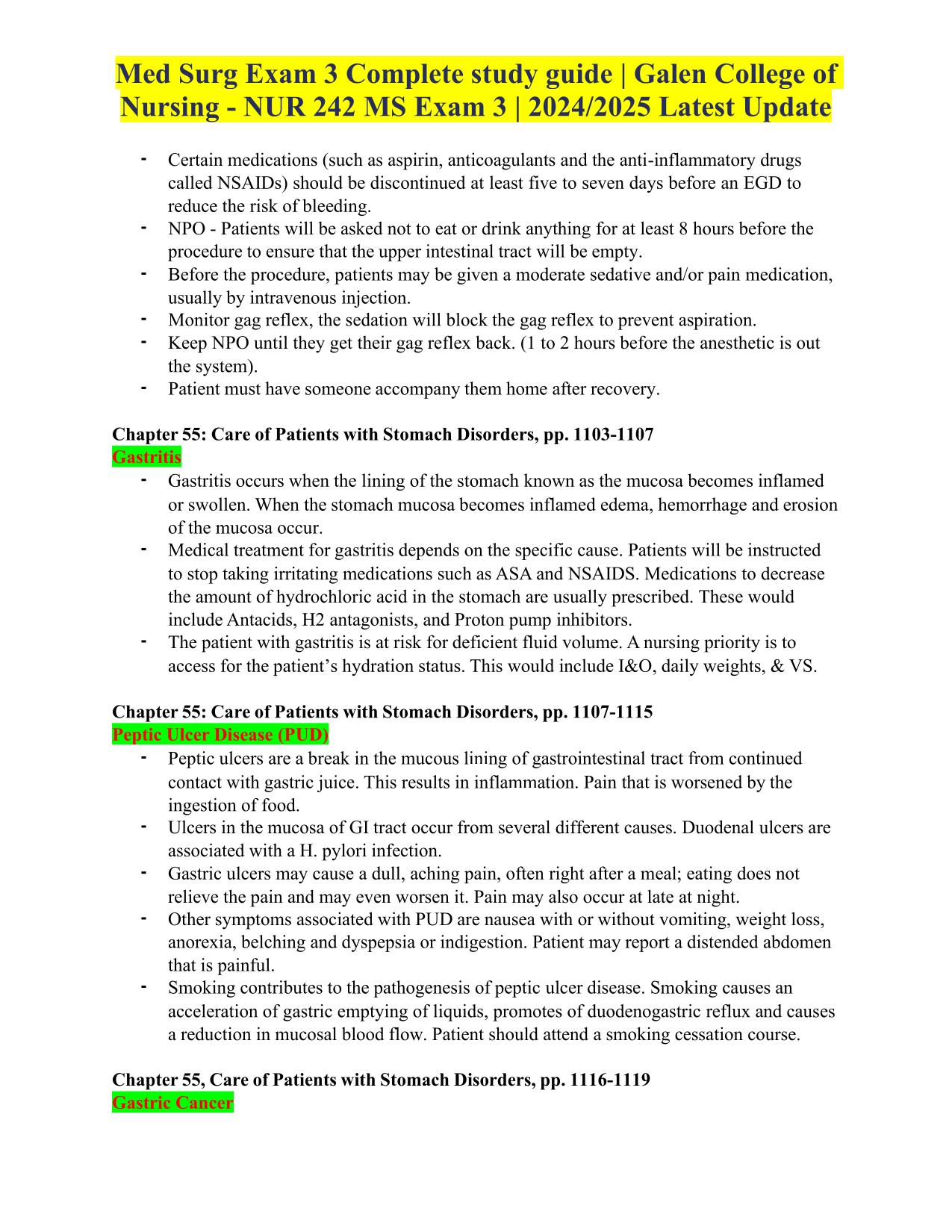 Med Surg Exam 3 Complete study guide | Galen College of Nursing - NUR 242 MS Exam 3 Latest Update