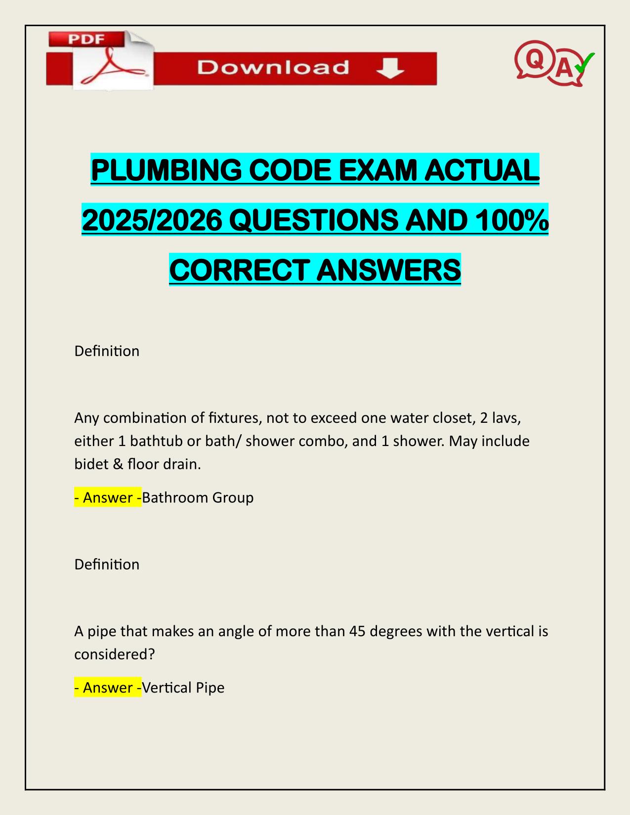 PLUMBING CODE EXAM ACTUAL 2025/2026 QUESTIONS AND 100% CORRECT ANSWERS