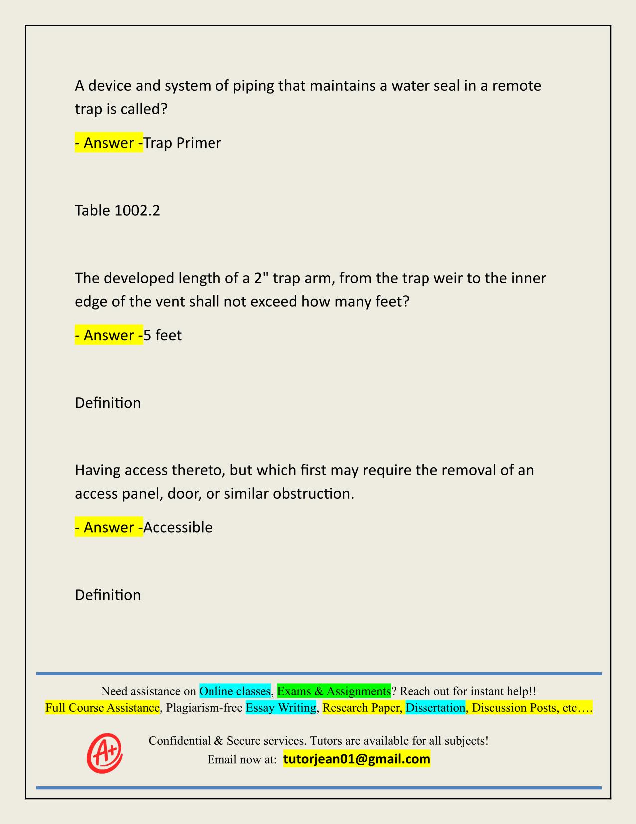 PLUMBING CODE EXAM ACTUAL 2025/2026 QUESTIONS AND 100% CORRECT ANSWERS
