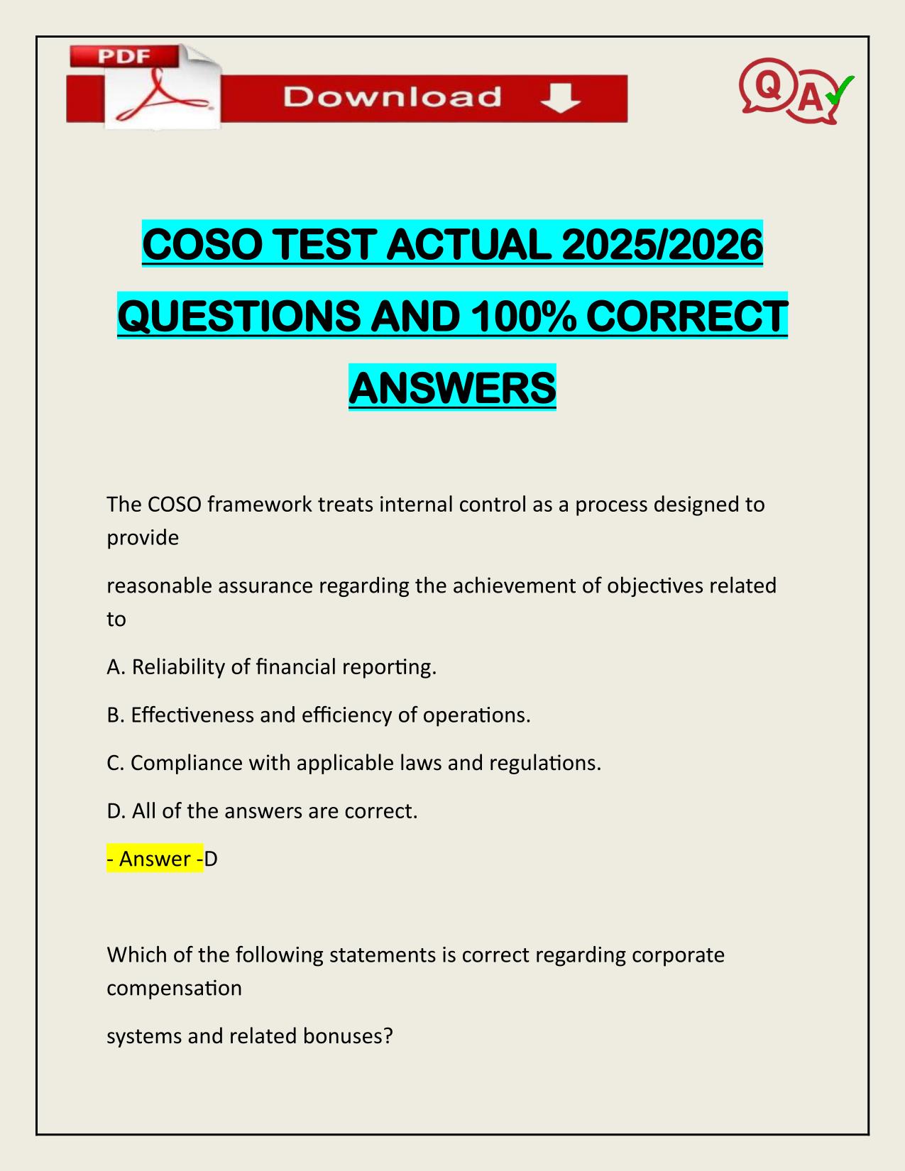 COSO TEST ACTUAL 2025/2026 Q&A 100% PASS