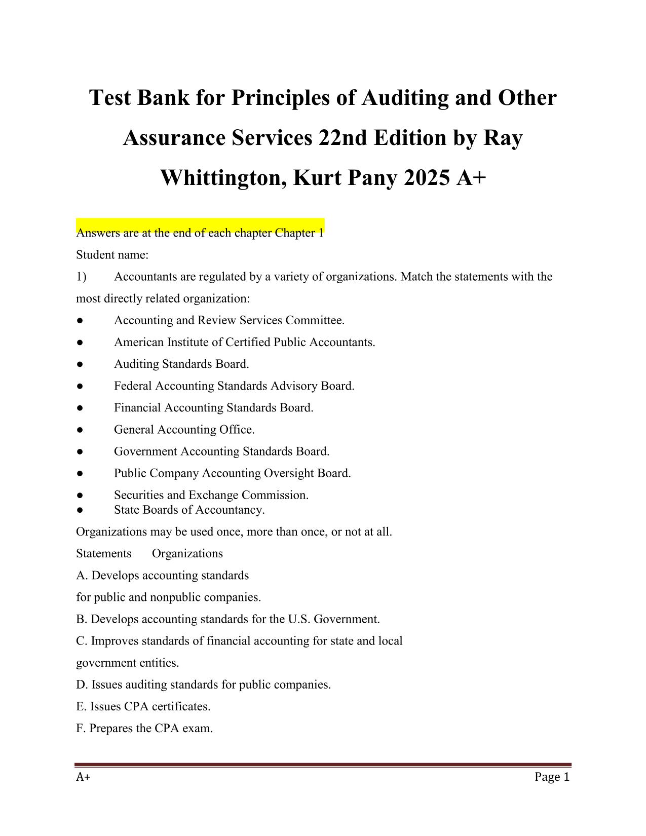 Test Bank for Principles of Auditing and Other Assurance Services 22nd Edition by Ray Whittington Latest 2025 ISBN 978-1264111817