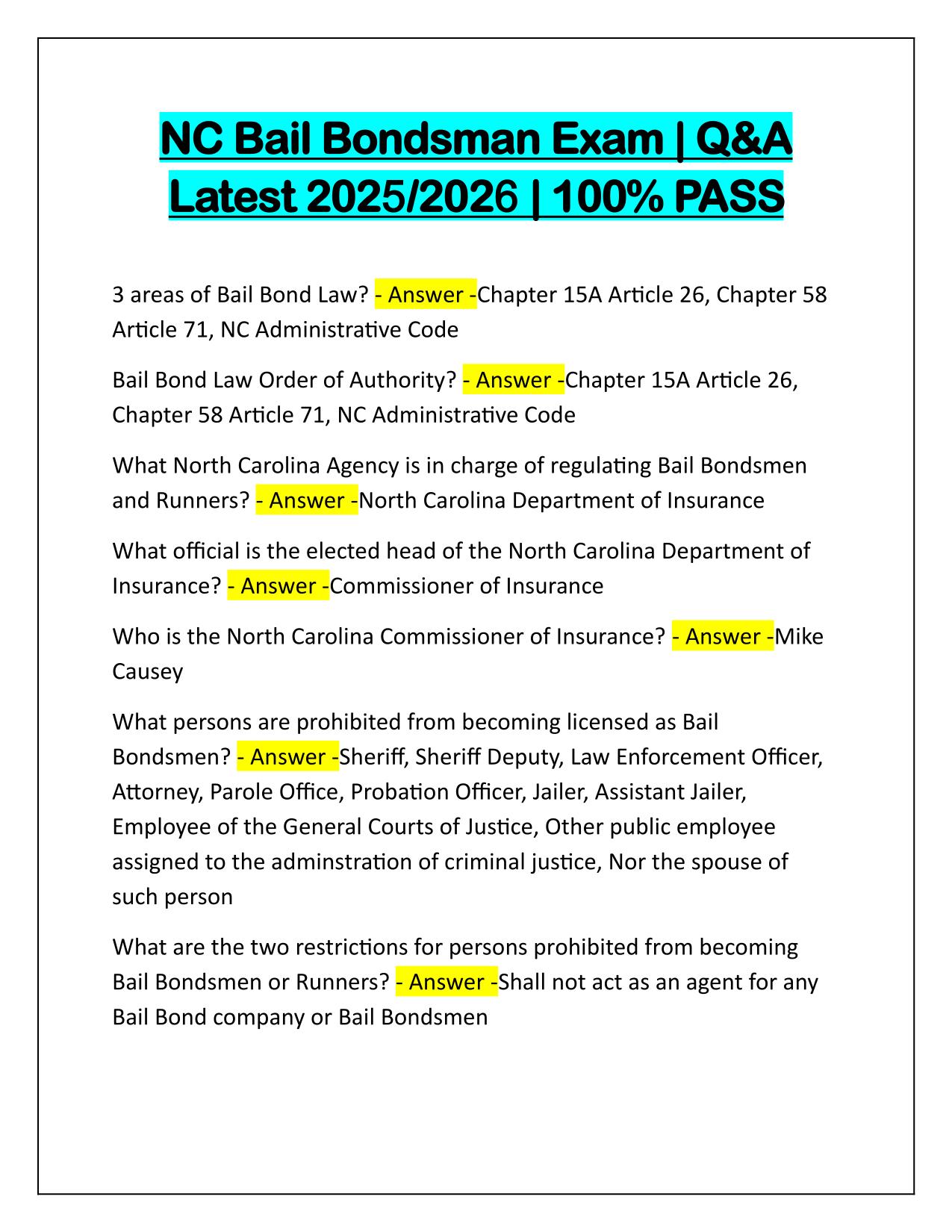 NC Bail Bondsman Exam Correctly Answered Latest Update 2025-2026