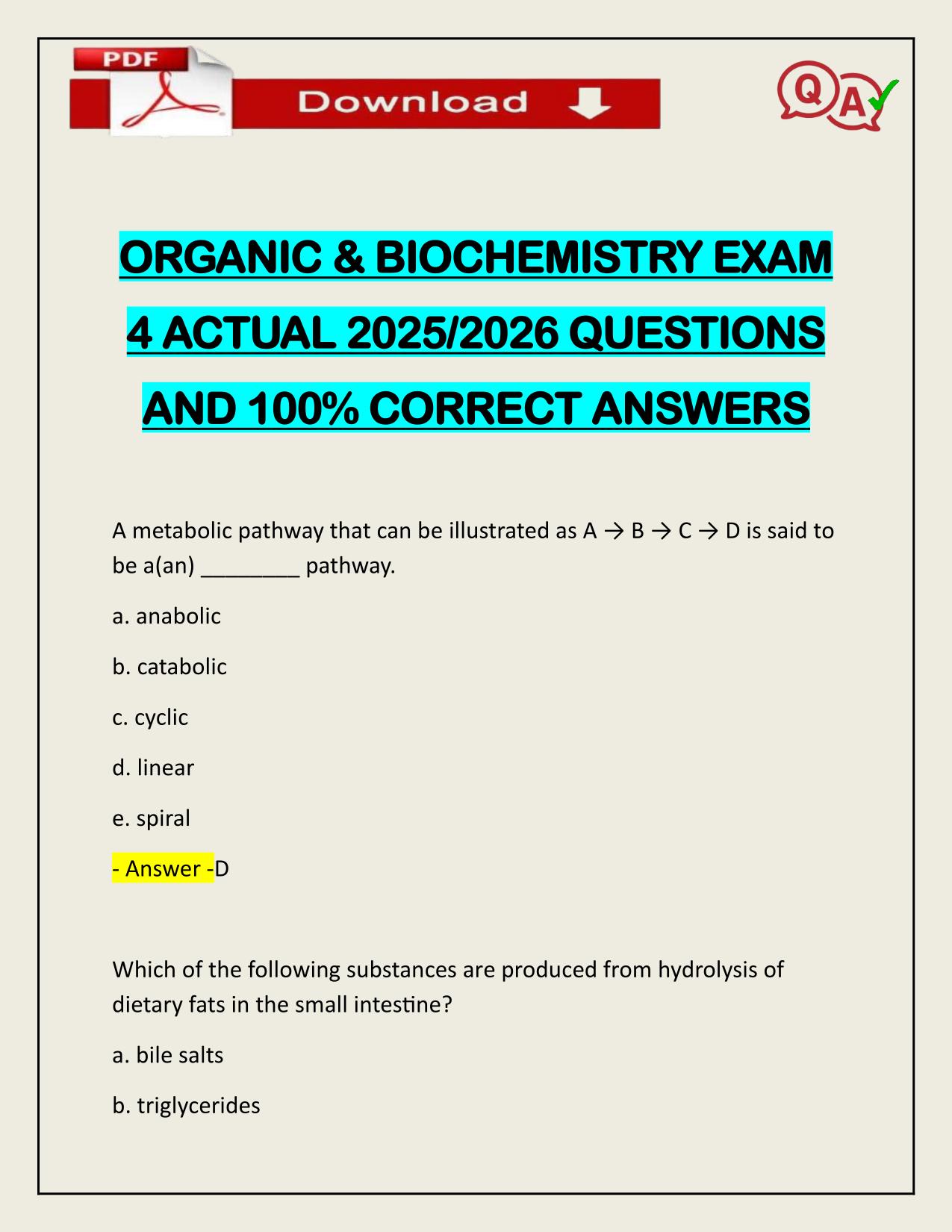 ORGANIC & BIOCHEMISTRY EXAM 4 ACTUAL 2025/2026