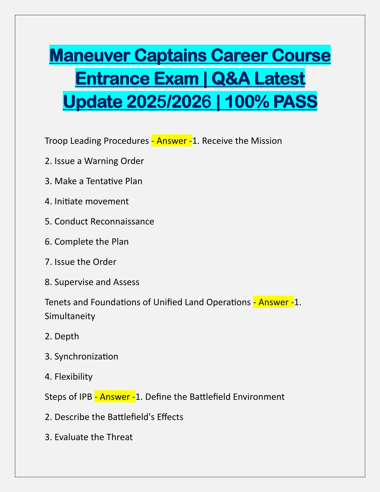 Maneuver Captains Career Course Entrance Exam Q&A Latest Update