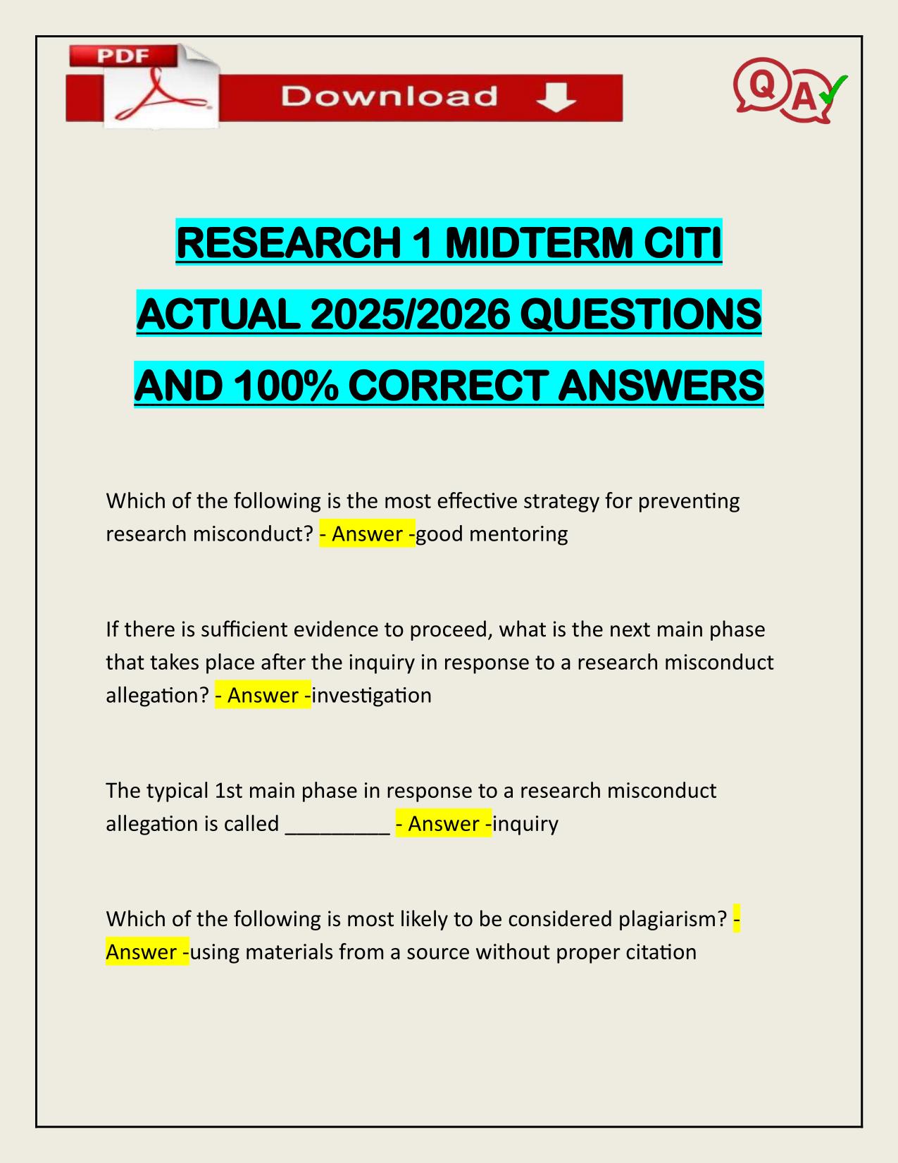 RESEARCH 1 MIDTERM CITI ACTUAL 2025/2026 WITH CORRECT ANSWERS