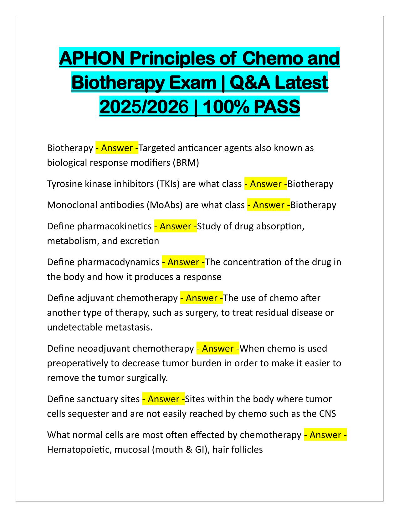 APHON Principles of Chemo and Biotherapy Exam Q&A Latest