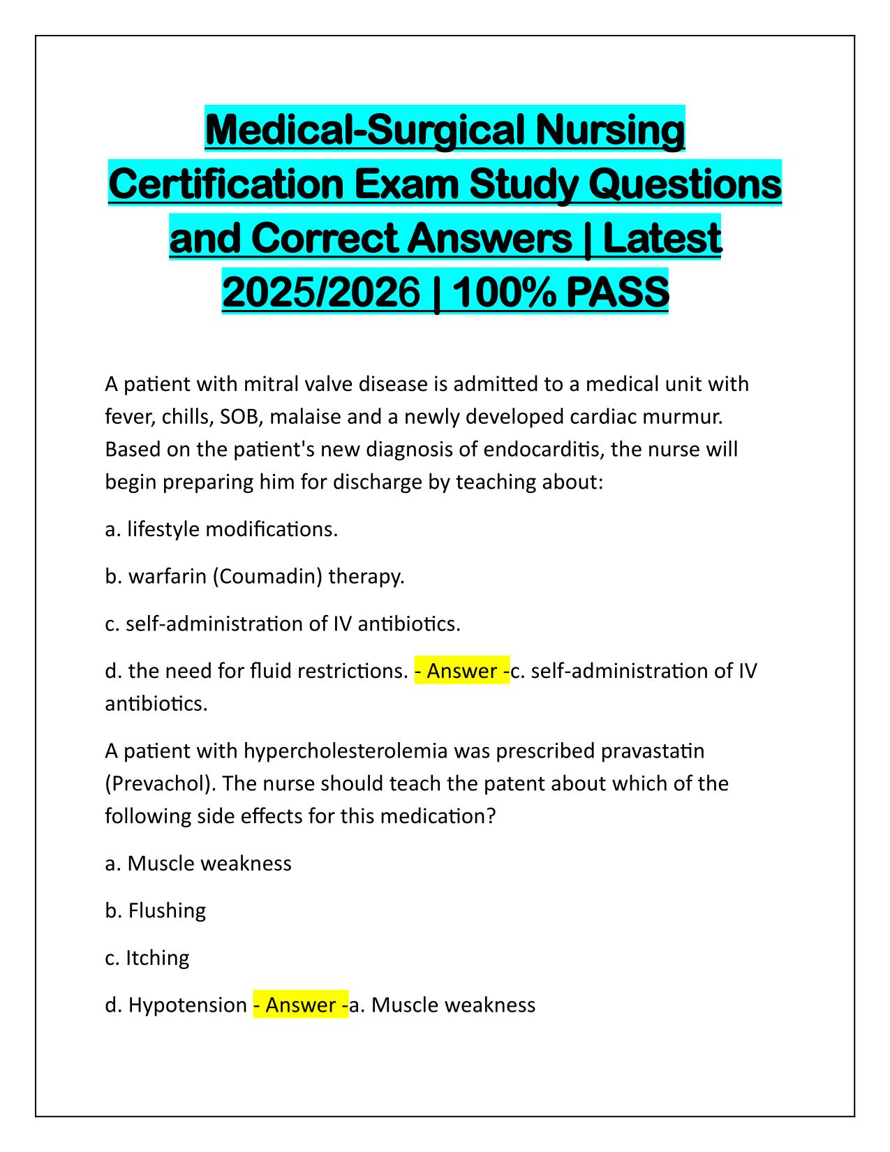 Medical-Surgical Nursing Certification Exam Study Q&A Latest Update