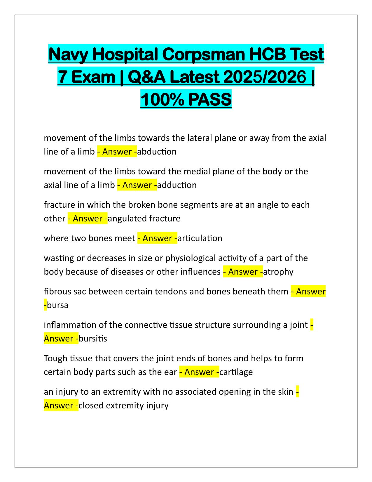 Navy Hospital Corpsman HCB Test 7 Exam Q&A Latest Update