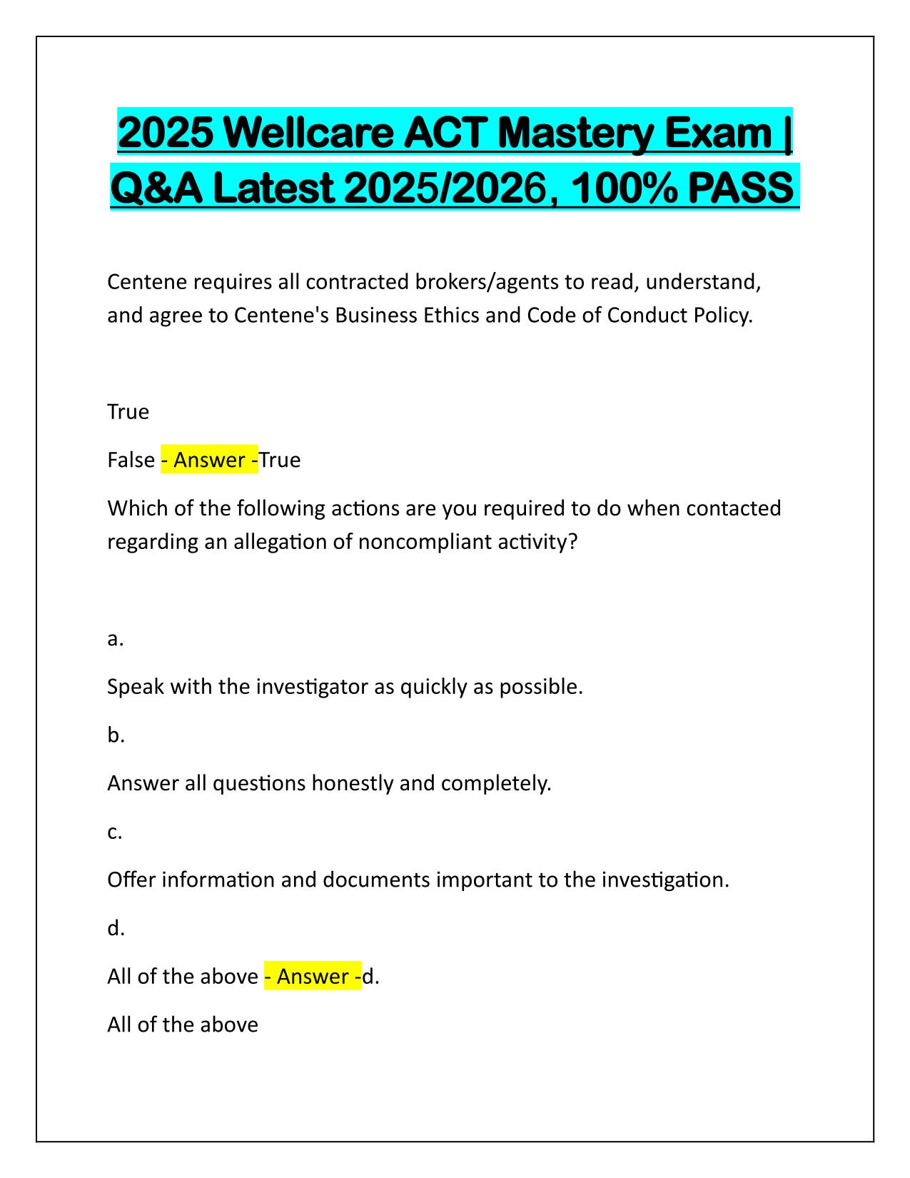 2025 Wellcare ACT Mastery Exam Q&A Latest Update