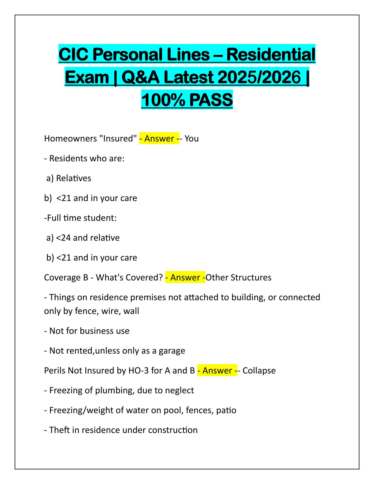 CIC Personal Lines–Residential Exam Q&A Latest Update