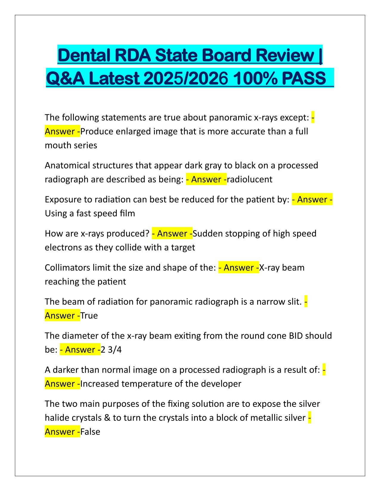 Dental RDA State Board Review EXAM Q&A Latest Update