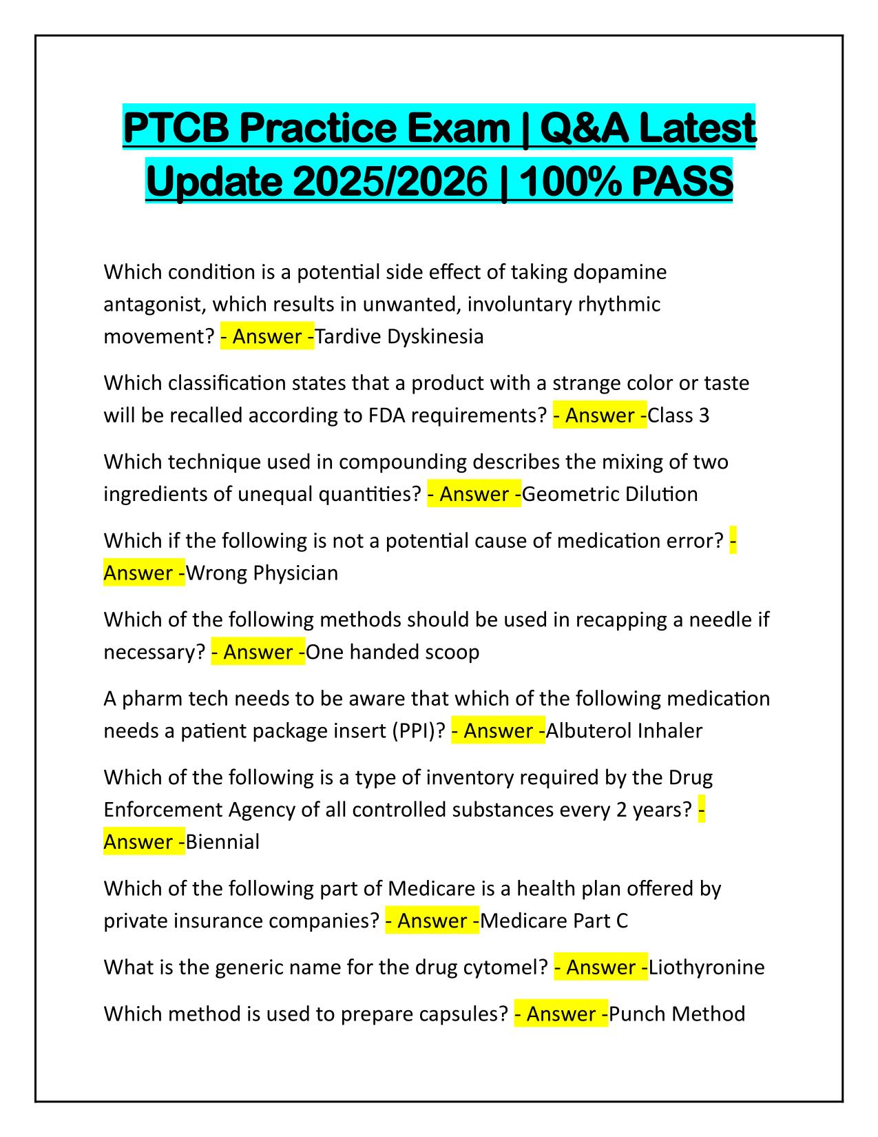 PTCB Practice Exam with Correct Solutions Latest Update