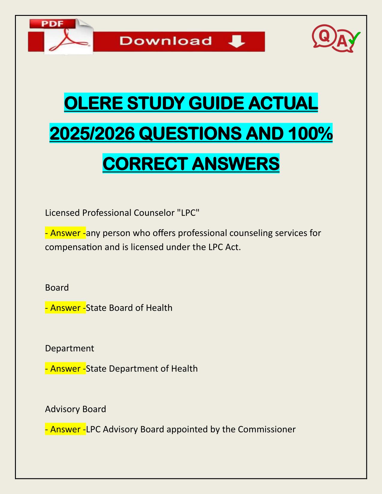 OLERE STUDY GUIDE ACTUAL 2025/2026 CORRECTLY ANSWERED