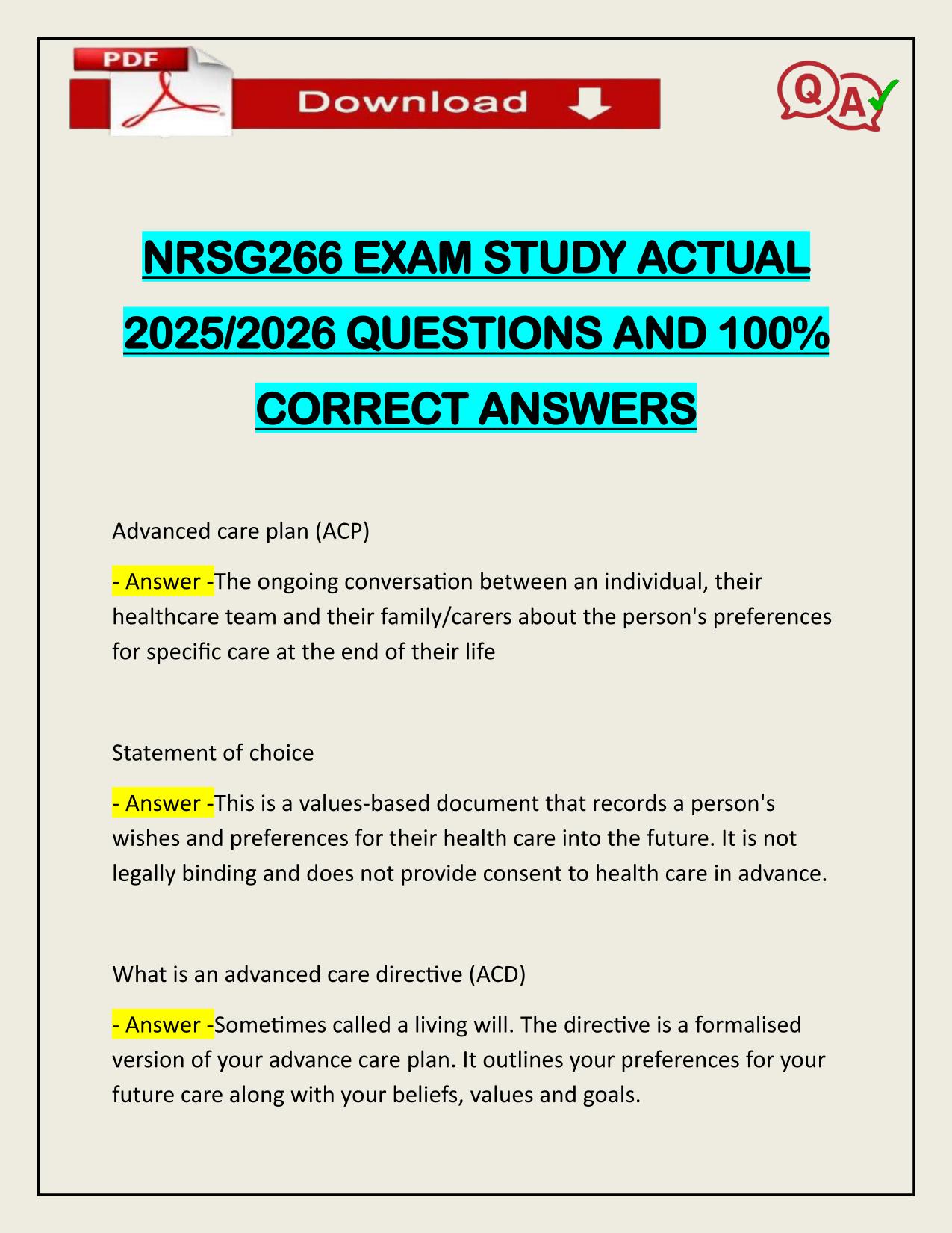 NRSG266 EXAM STUDY ACTUAL 2025/2026 QUESTIONS AND 100% CORRECT ANSWERS