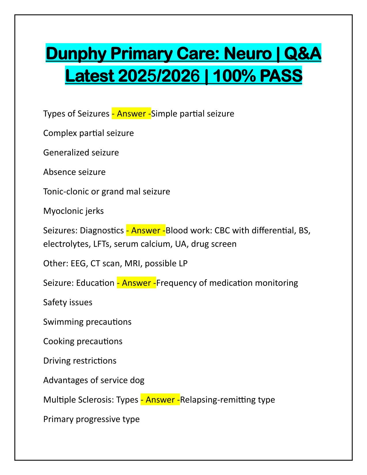 Dunphy Primary Care: Neuro test Correctly Answered 2025 Update