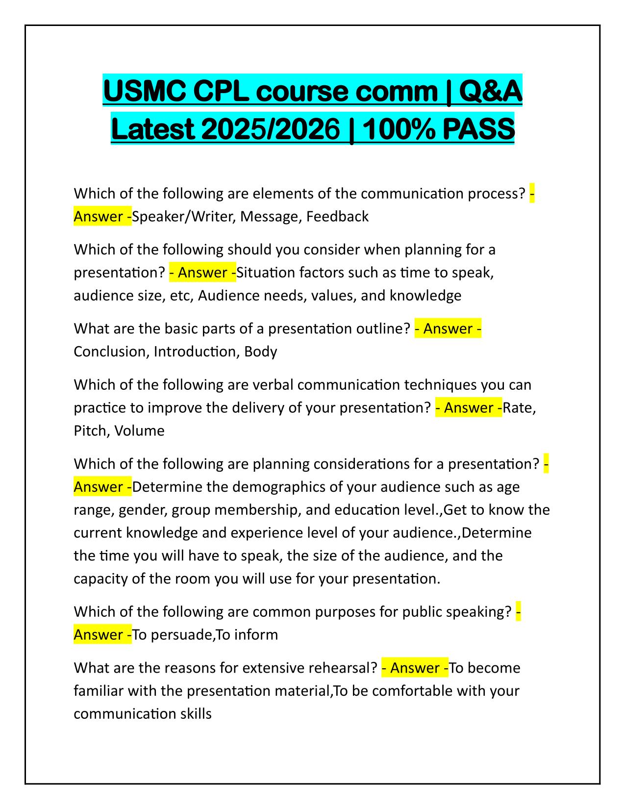 USMC CPL course comm Q&A 2025 Latest Update
