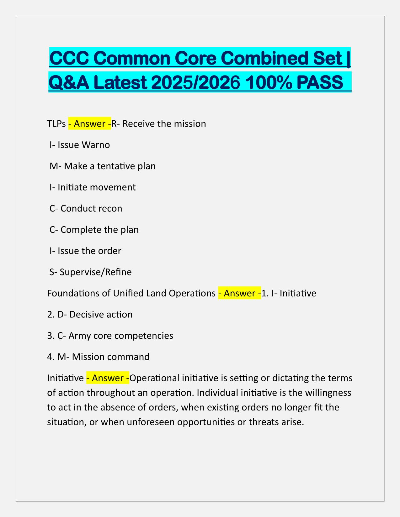 CCC Common Core Combined Set EXAM Q&A Latest Update