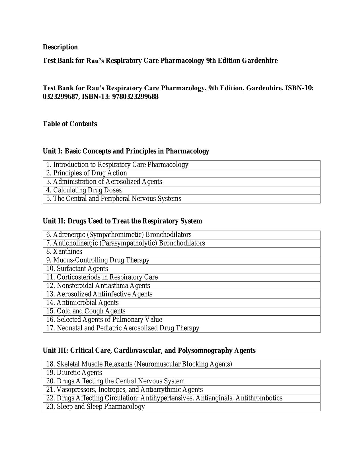 Test Bank for Rau’s Respiratory Care Pharmacology 10th Ed by Douglas Gardenhire, All 23 Chapters Latest Update 2025 ISBN: 9780323594660