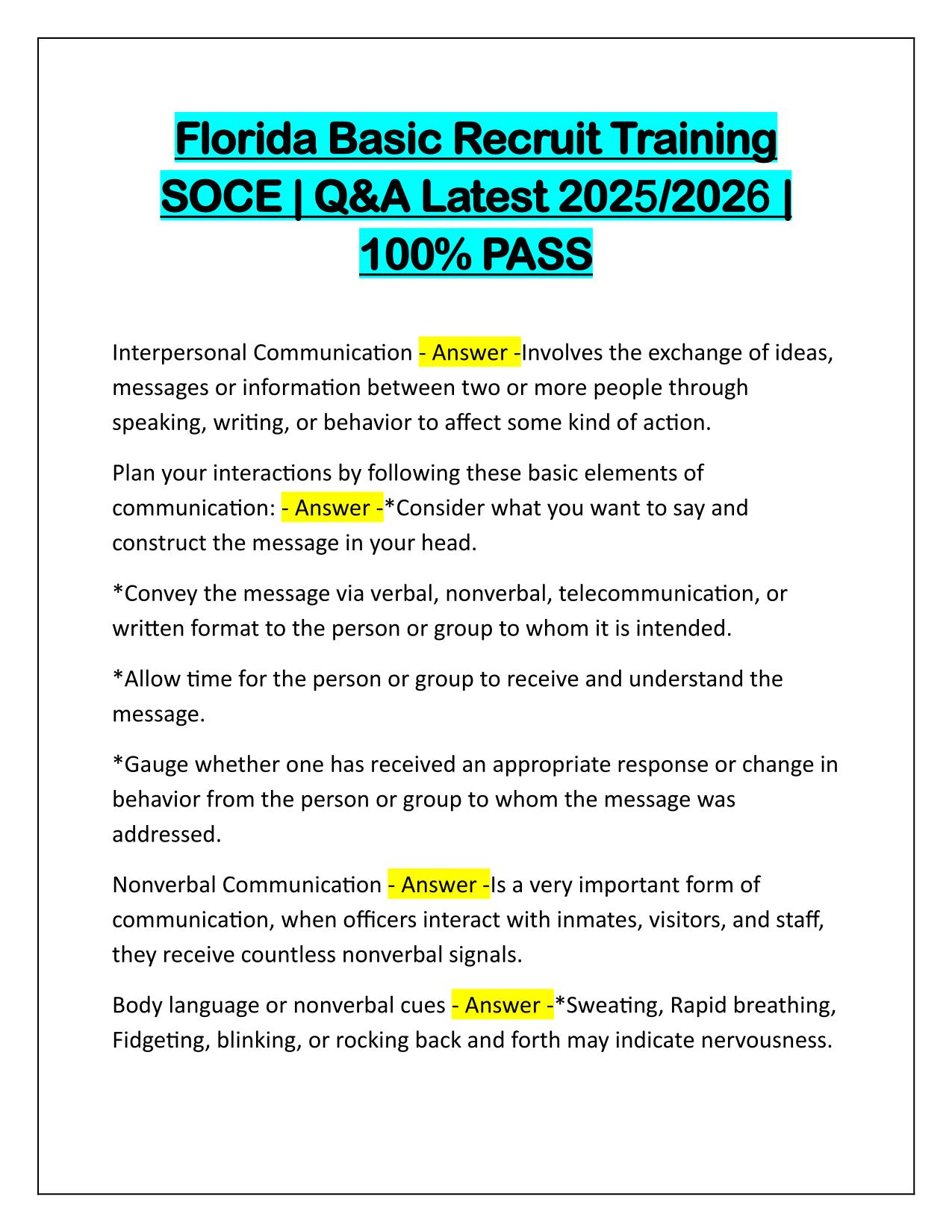 Florida Basic Recruit Training SOCE Correctly Answered Latest Update