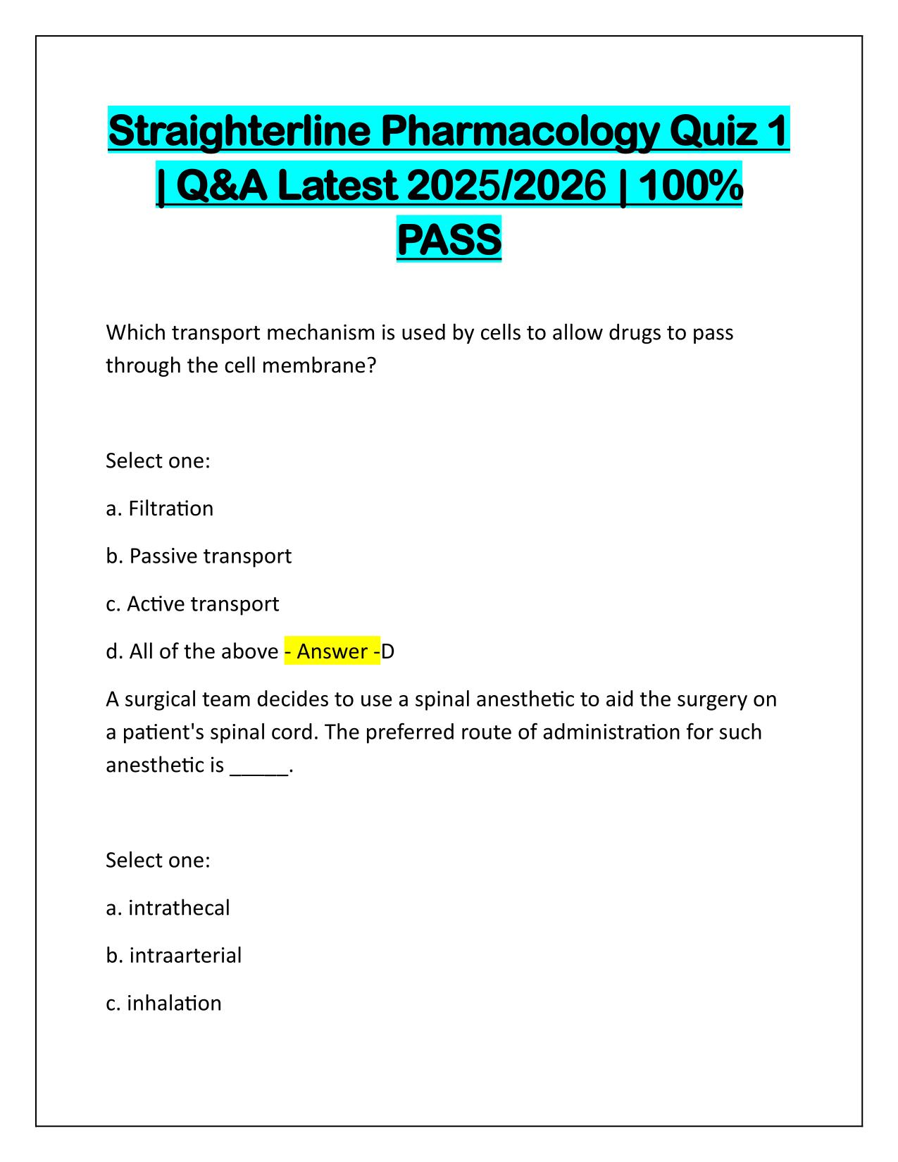Straighterline Pharmacology Quiz 1 Q&A Latest Update 2025