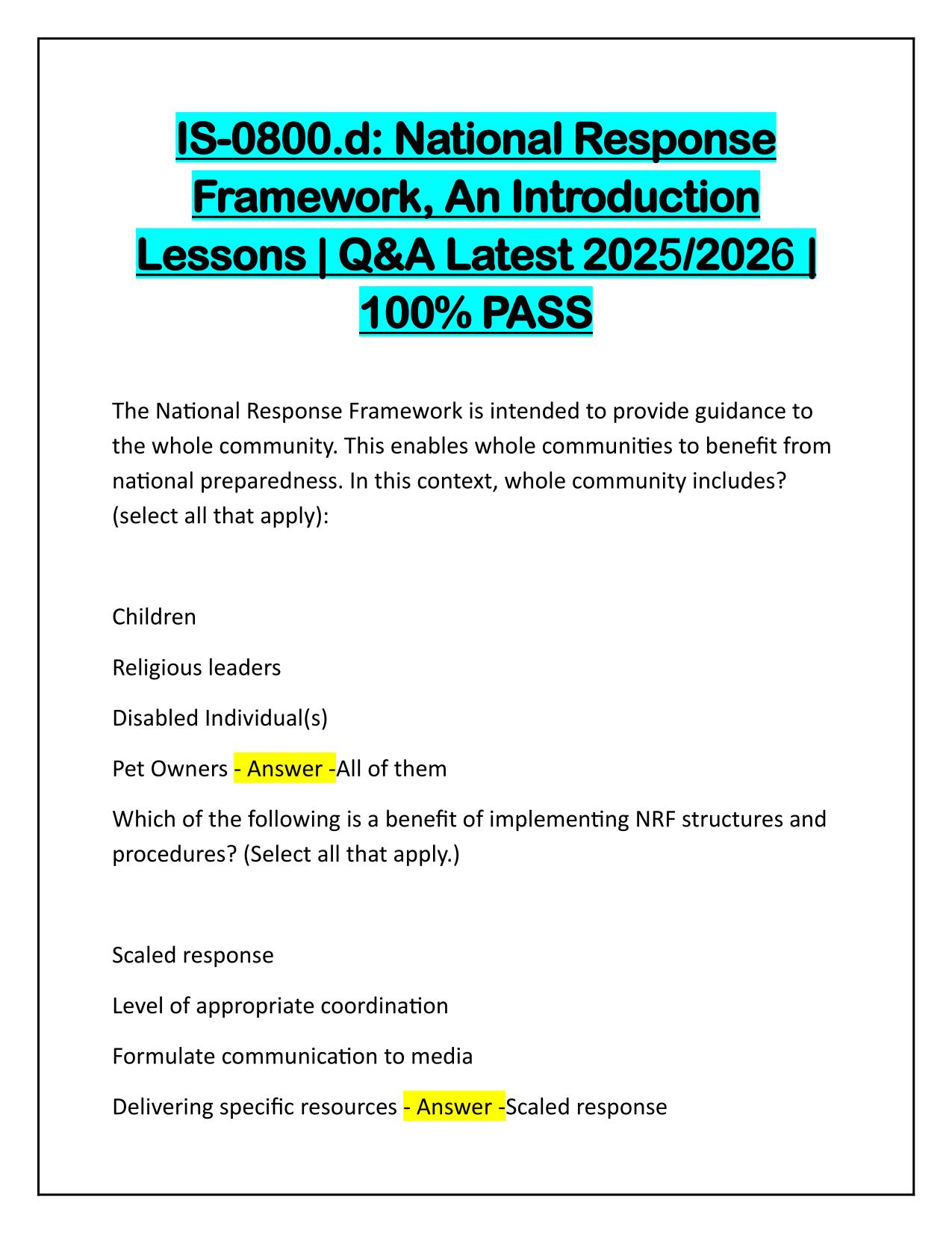 IS-0800d National Response Framework, An Introduction Lessons Q&A Latest Update