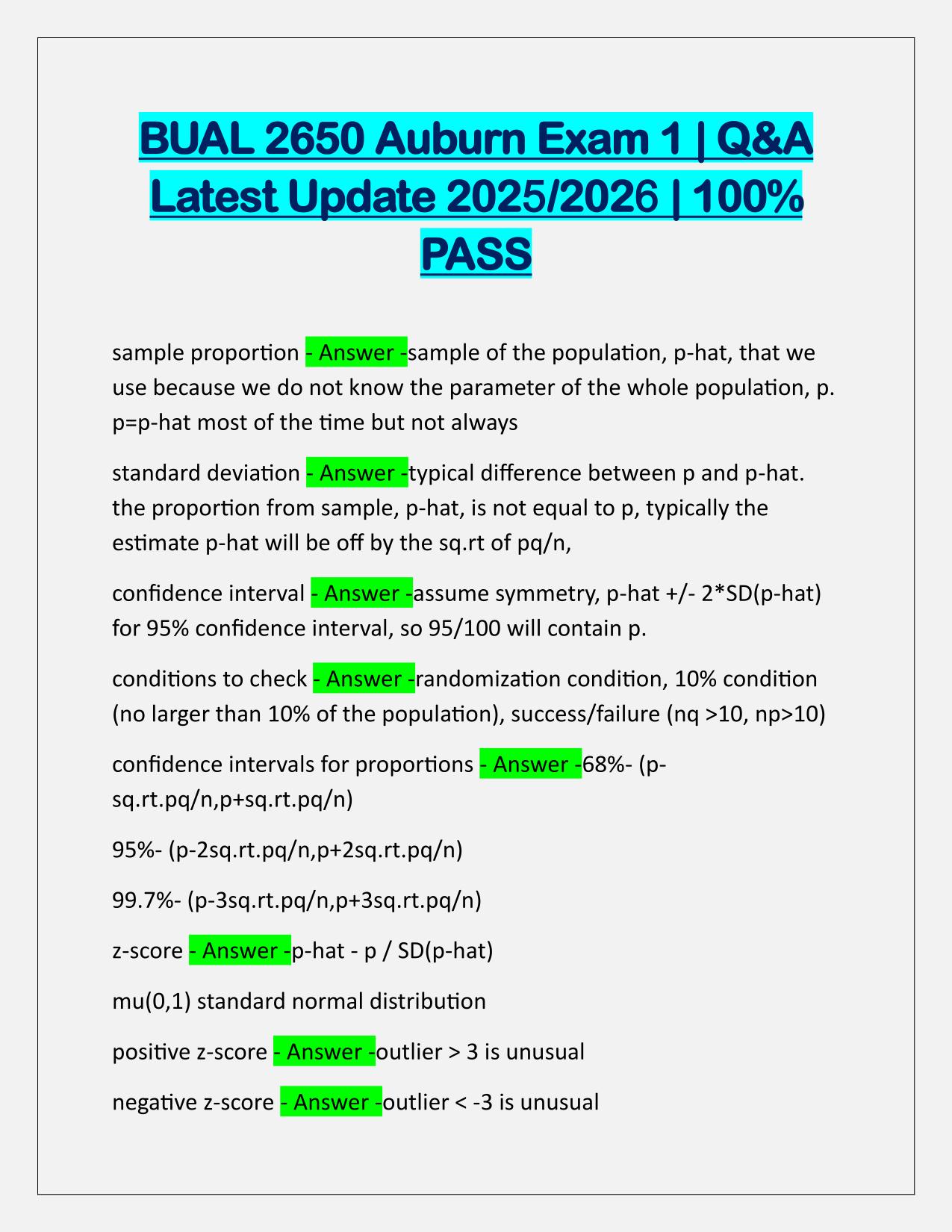 BUAL 2650 Auburn Exam 1 Correctly Answered Latest Update