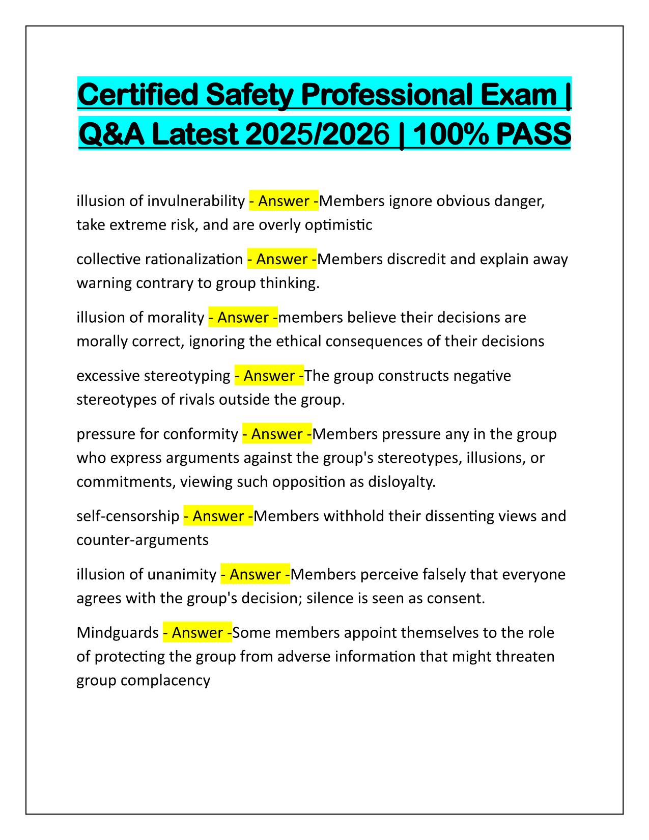 Certified Safety Professional Exam Q&A Latest Update