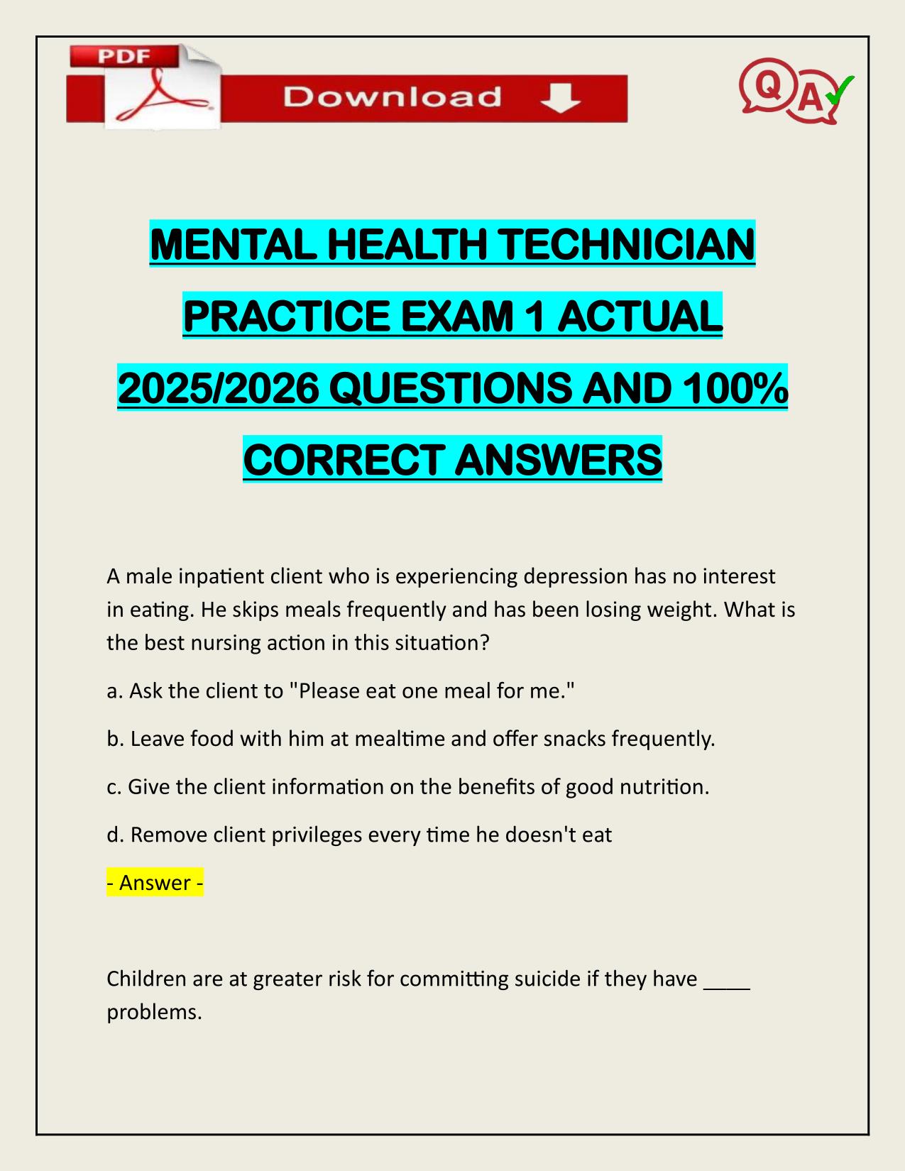 MENTAL HEALTH TECHNICIAN PRACTICE EXAM 1 ACTUAL 2025/2026 UPDATE