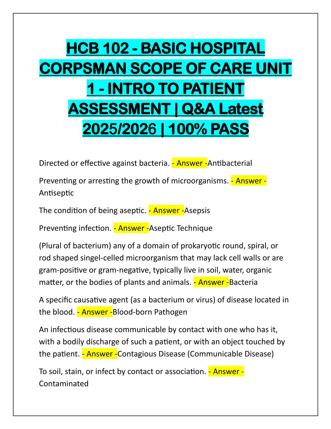 HCB 102-BASIC HOSPITAL CORPSMAN SCOPE OF CARE UNIT 1 Q&A Latest Update