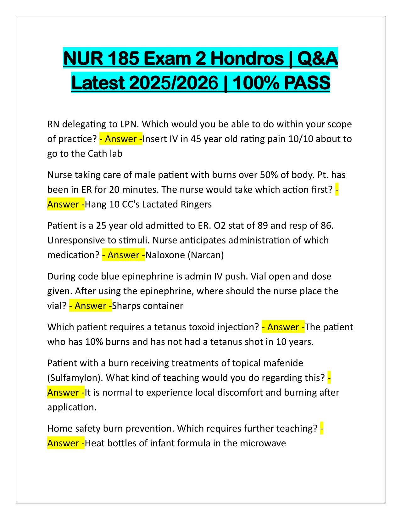 Bundle for Hondros NURS 185 Exams Q&A Latest Update 2025-2026