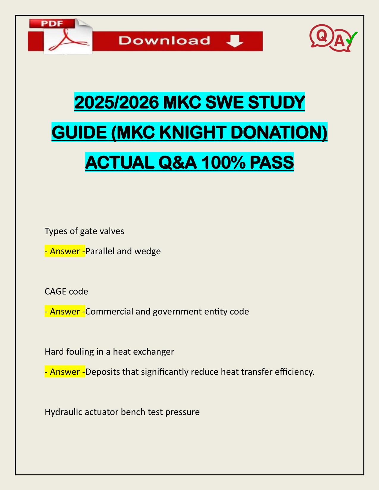 2025/2026 MKC SWE STUDY GUIDE (MKC KNIGHT DONATION) ACTUAL Q&A 100% PASS